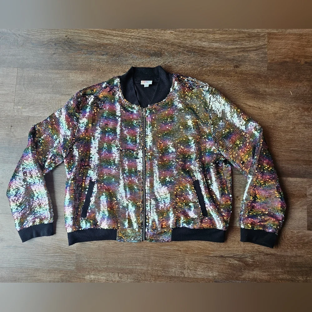 LULAROE ELEGANT STEVIE BOMBER JACKET size XL Rainbow Sequins Zipper Pocket - Picture 1 of 10